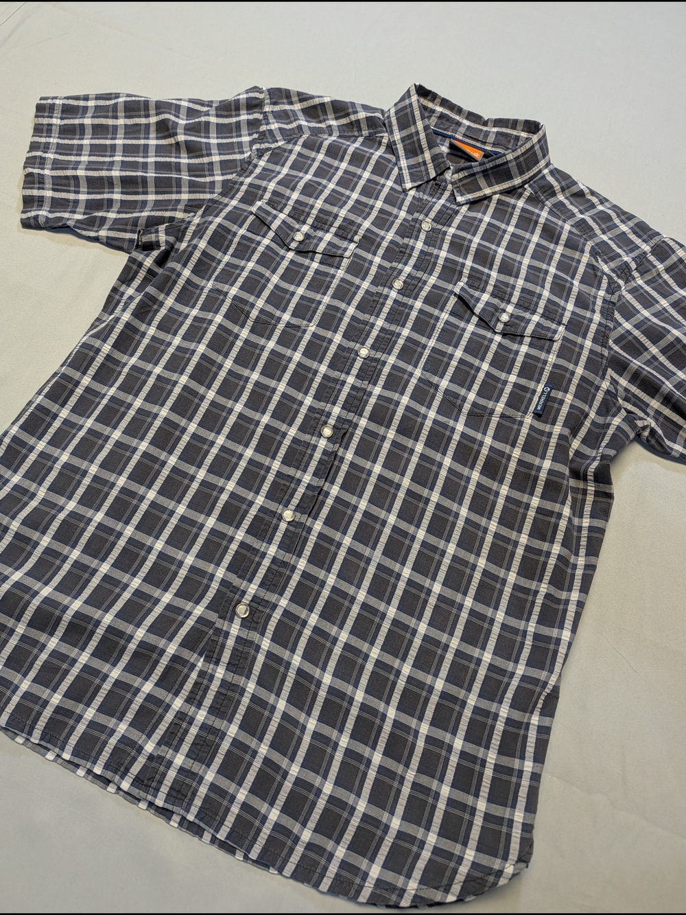 Merrell Mens Size Medium Opti-Wick UPF 30+ Short-Sleeve Blue Plaid Gorpcore